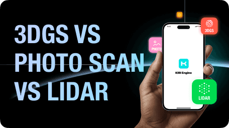 Cover graphic with the text “3DGS vs PHOTO SCAN vs LIDAR,” a hand holding a phone showing KIRI Engine, and floating labels for 3DGS, Photo, and LiDAR.