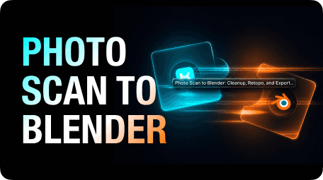 Cover image for a Photo Scan to Blender workflow guide, showing a scan export moving into Blender for cleanup, retopology, UV checks, and texture baking.