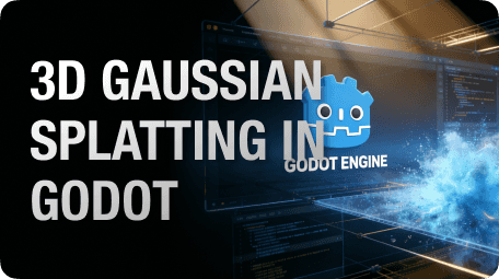 Cover image for an article about 3D Gaussian Splatting in Godot, featuring the Godot logo and a stylized real-time rendering scene.